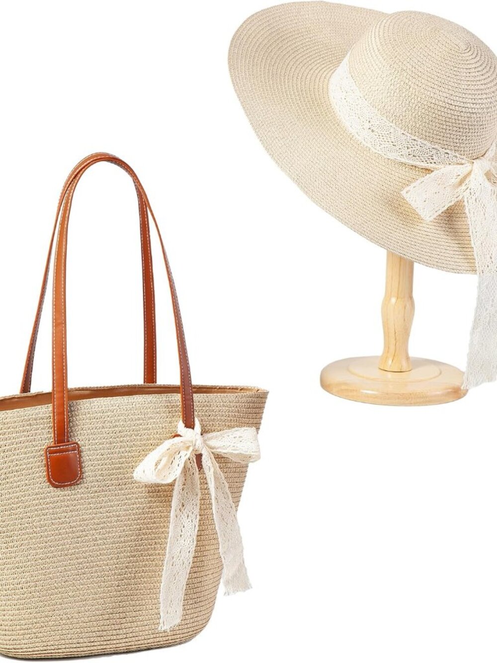 Womens Large Capacity Straw woven Tote with Hat, Summer Beach Shoulder Bag for S